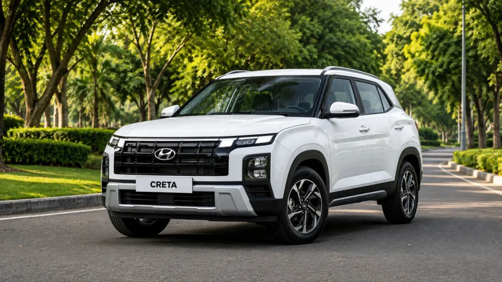 Best SUV in India under 20 lakhs की लिस्ट में शामिल सफेद हुंडई क्रेटा, हरियाली से घिरी शांत सड़क पर आकर्षक, स्टाइलिश पोज़ में खड़ी हुई प्रीमियम एसयूवी। 