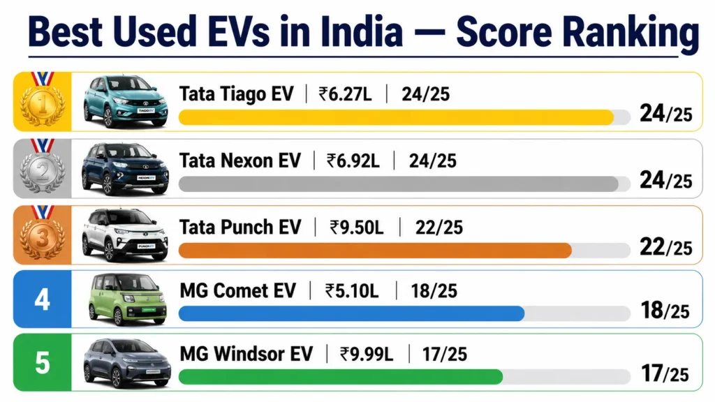Best Used Electric Cars in India 2026 — Tiago EV बनाम Nexon EV बनाम Punch EV के स्कोर की तुलना वाला चार्ट