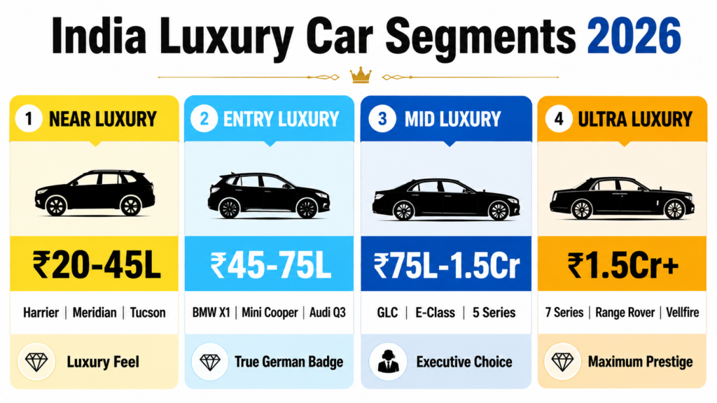 Best Luxury Cars in India 2026 — नियर लक्ज़री से अल्ट्रा लक्ज़री तक 4 सेगमेंट का चार्ट
