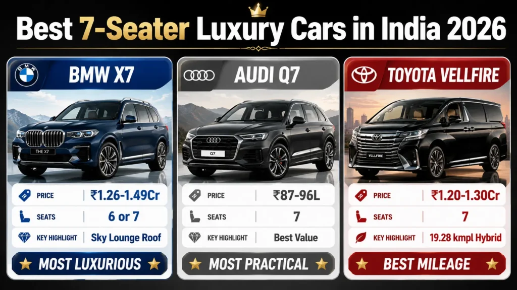 Best 7 Seater Luxury Cars in India — BMW X7, Audi Q7, Toyota Vellfire Comparison 2026