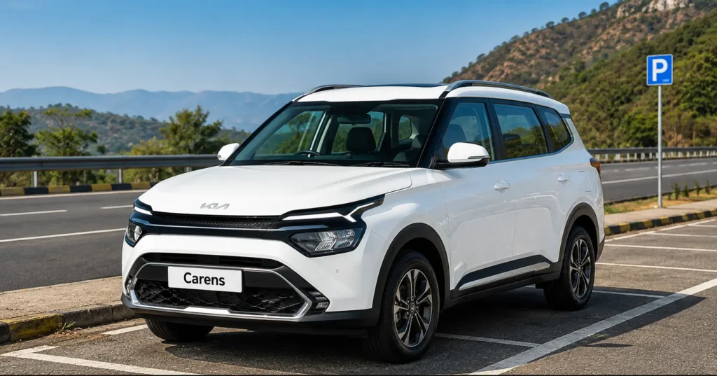 हाईवे पार्किंग स्लोट में खड़ी Kia Carens car