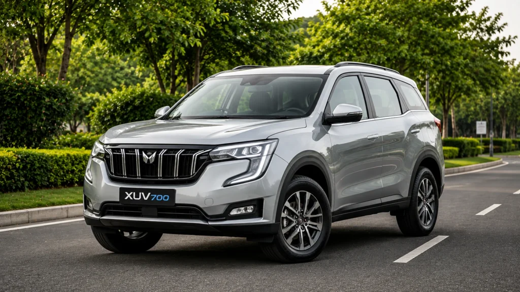 महिंद्रा XUV700 हरे-भरे पेड़ों से घिरी साफ सड़क पर स्टाइलिश सिल्वर रंग में खड़ी हुई प्रीमियम एसयूवी।