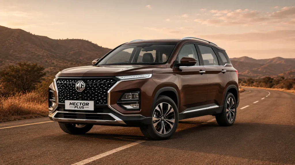 पहाड़ी सड़क पर ब्राउन रंग की  MG Hector Plus SUV।