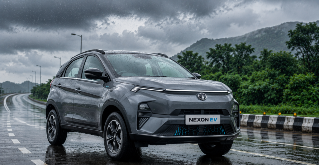 मॉनसून के दौरान बारिश से भीगी साफ सड़क पर ग्रे रंग की नई Tata Nexon EV खड़ी है। कार का फ्रंट और साइड प्रोफाइल स्पष्ट दिखाई देता है। पीछे घने काले बादल, हरे पेड़, पहाड़, हल्की धुंध और सड़क पर पानी का प्रतिबिंब दिखाई देता है, जिससे तस्वीर का माहौल सिनेमैटिक और आकर्षक लगता है। नीचे हिंदी में कार और मॉनसून के दृश्य का विवरण दिया गया है।