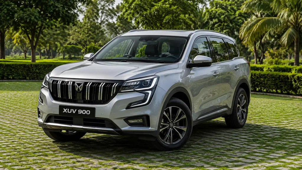 हरे-भरे पार्किंग क्षेत्र में सिल्वर रंग की Mahindra XUV 900 SUV।