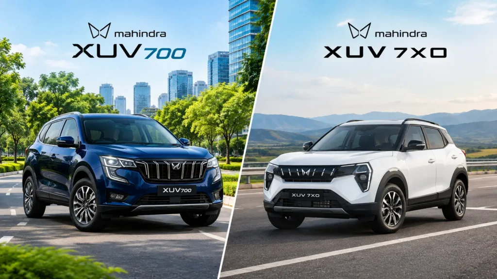 स्प्लिट-स्क्रीन ऑटोमोटिव इमेज में बाईं ओर नीले रंग की Mahindra XUV700 हरे-भरे शहर की साफ सड़क पर खड़ी है, जबकि दाईं ओर सफेद रंग की Mahindra XUV 7XO खुले हाईवे पर खड़ी है। पीछे पहाड़, खुला आसमान और प्राकृतिक दृश्य दिखाई दे रहे हैं।