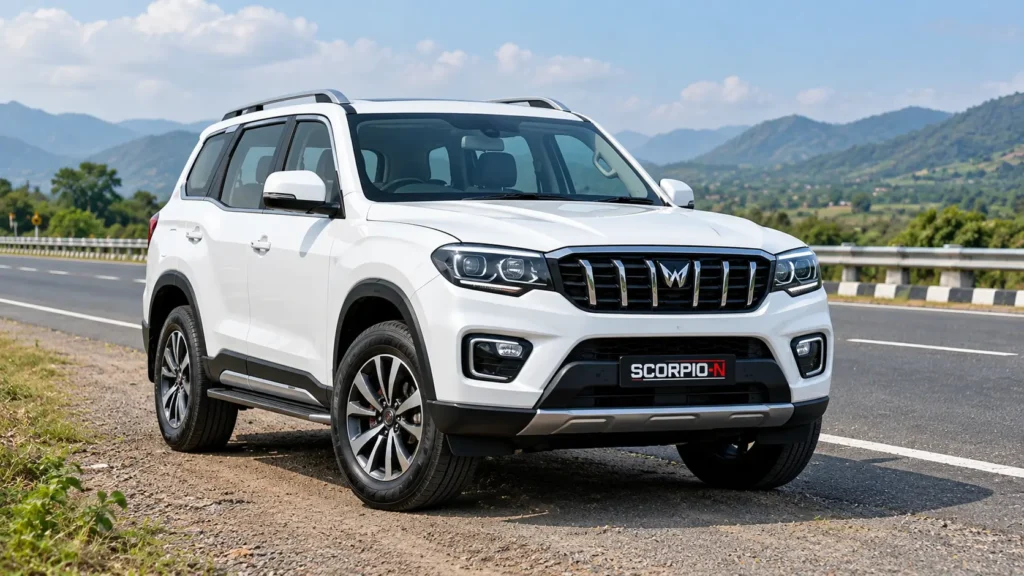 प्रीमियम Mahindra Scorpio N SUV साफ-सुथरी सड़क पर खड़ी दिखाई दे रही है। आसपास हरे-भरे पेड़, प्राकृतिक वातावरण और आधुनिक सड़क का दृश्य है। SUV का मजबूत और आकर्षक फ्रंट डिज़ाइन, LED हेडलाइट्स और बड़े अलॉय व्हील्स स्पष्ट दिखाई दे रहे हैं।