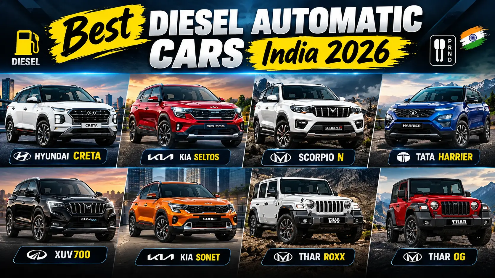 best diesel automatic cars in India 2026 - Creta, Seltos, Scorpio N, Harrier, XUV700, Thar comparison