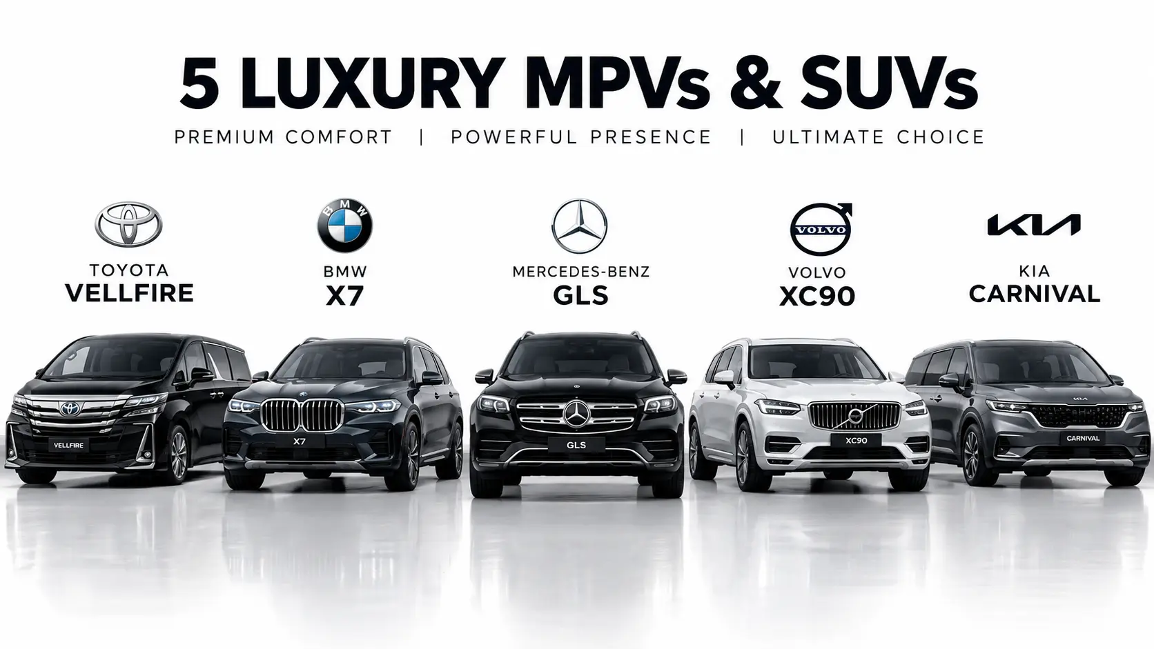 Toyota Vellfire, BMW X7, Mercedes-Benz GLS, Volvo XC90 और Kia Carnival लग्जरी 7-सीटर कारों की एक साथ तुलना दिखाता हुआ प्रीमियम डिजाइन।