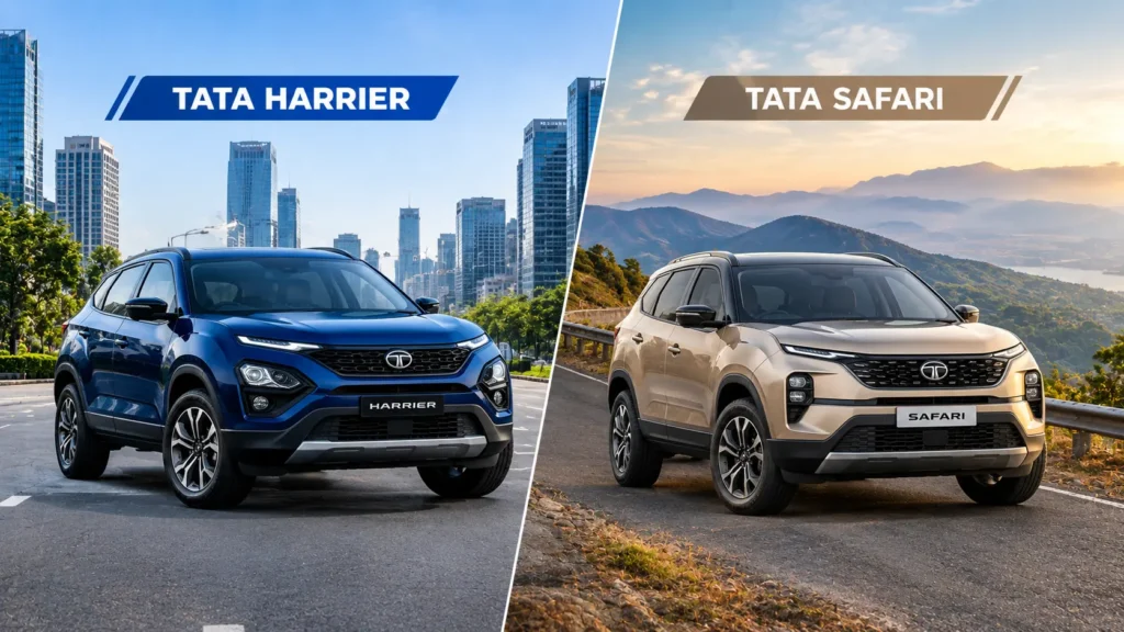 स्प्लिट-स्क्रीन में दो प्रीमियम SUV दिखाई गई हैं। बाईं ओर नीले रंग की Tata Harrier साफ-सुथरी हरी-भरी शहरी सड़क पर खड़ी है और पीछे आधुनिक शहर की इमारतें दिखाई दे रही हैं। दाईं ओर हल्के क्रीम रंग की Tata Safari पहाड़ी सड़क पर खड़ी है, जिसके पीछे खूबसूरत पहाड़ और प्राकृतिक दृश्य दिखाई दे रहे हैं।
