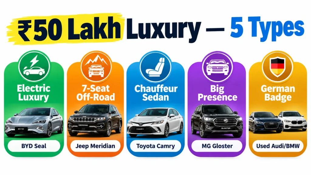 Best Luxury Cars in India Under 50 Lakhs 5 प्रकार: इलेक्ट्रिक, SUV, हाइब्रिड सेडान, बड़ी SUV, जर्मन ब्रांड