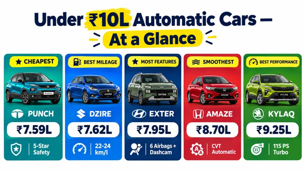 Best Automatic Cars Under 10 Lakhs India 2026 — Punch, Dzire, Exter, Amaze, Kylaq Price Chart