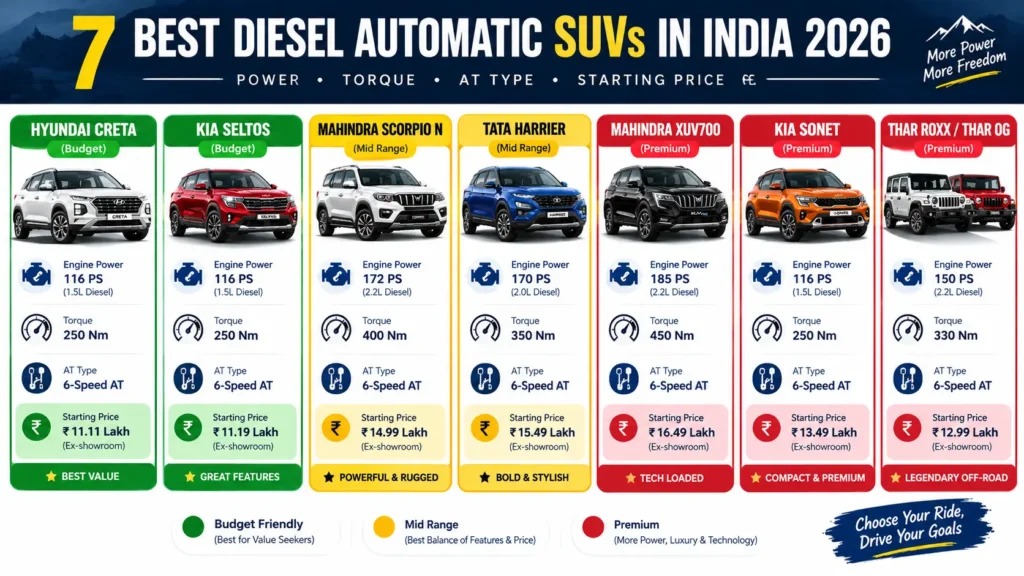 सर्वोत्तम डीजल स्वचालित कार कीमत तुलना भारत 2026 - सोनेट क्रेटा सेल्टोस XUV700 विशेषता।