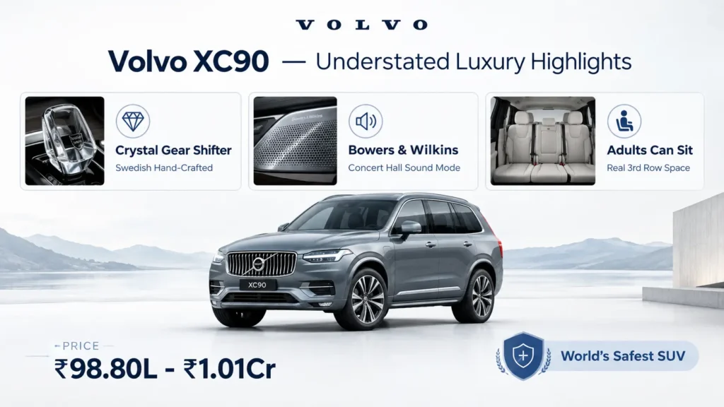 
Volvo XC90 7 Seater Luxury SUV India असली तीसरी लाइन (वयस्कों के लिए) और क्रिस्टल गियर शिफ्टर जैसे फ़ीचर्स।