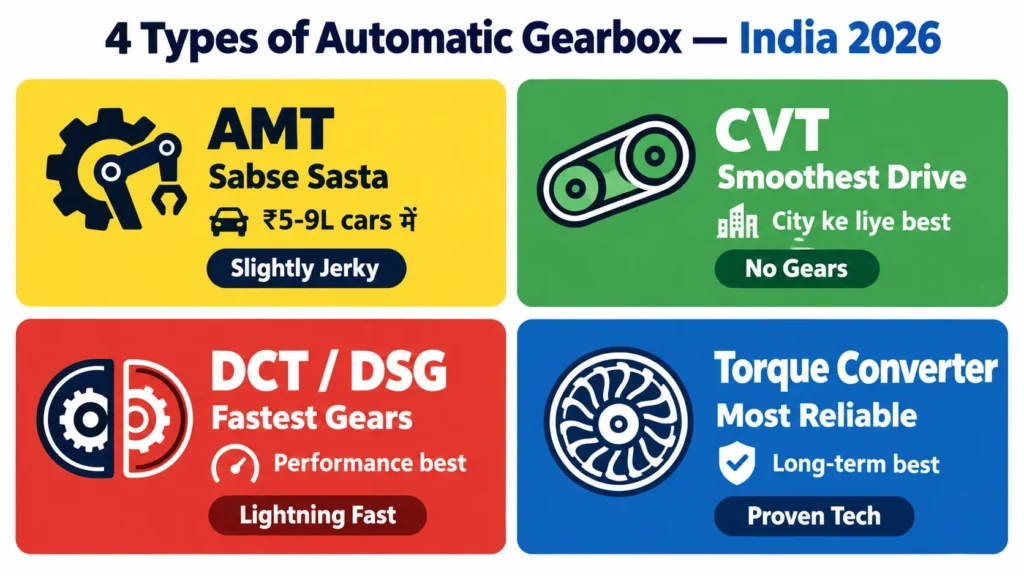 Best Automatic Cars in  India 2026 AMT, CVT, DCT, टॉर्क कन्वर्टर गियरबॉक्स के प्रकारों की तुलना