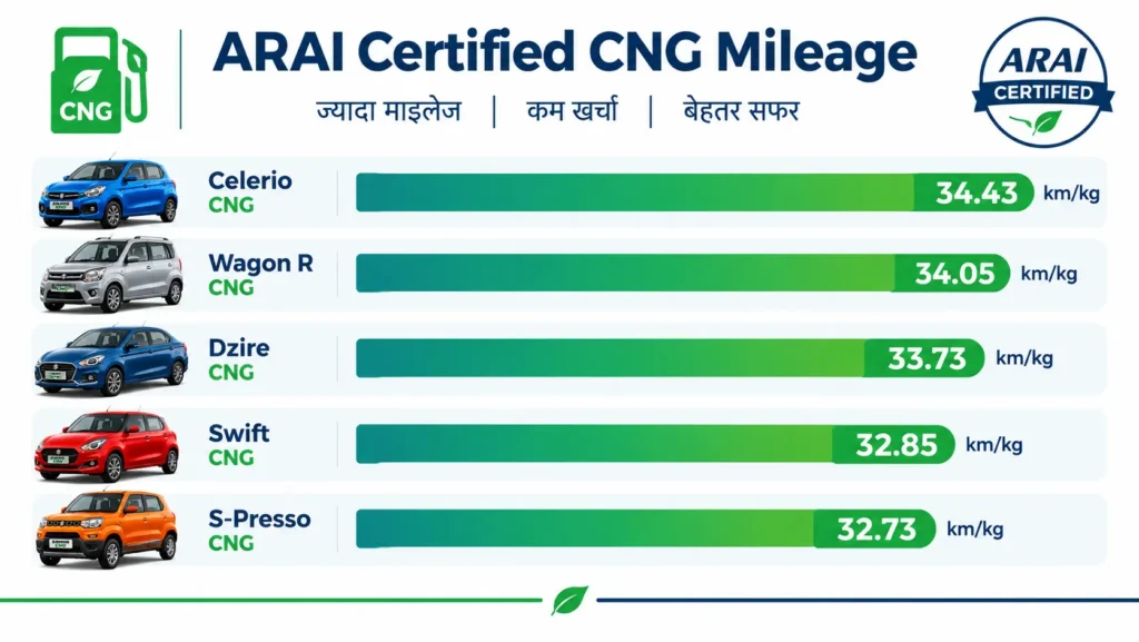Best CNG mileage cars in india comparison chart India 2026 — ARAI certified km per kg