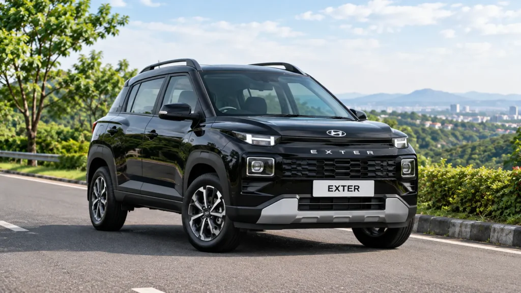 Hyundai exter is standing on a clean and green road