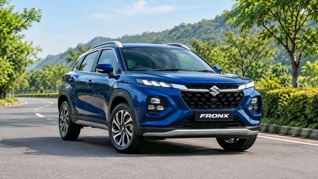 Maruti Fronx is standing on a silent and green road
