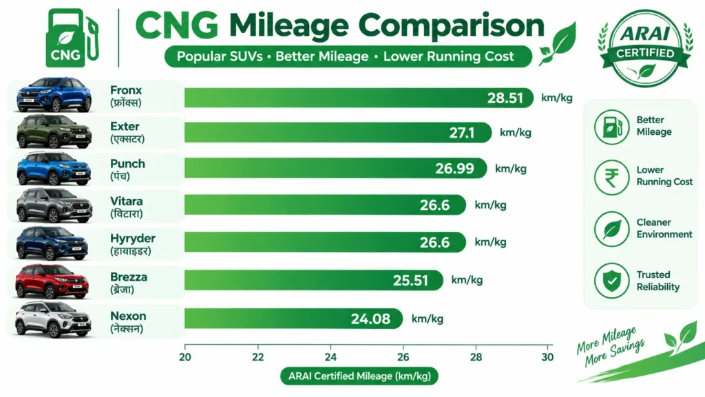Best CNG SUV cars mileage comparison India 2026 — ARAI-सर्टिफाइड km प्रति kg चार्ट
