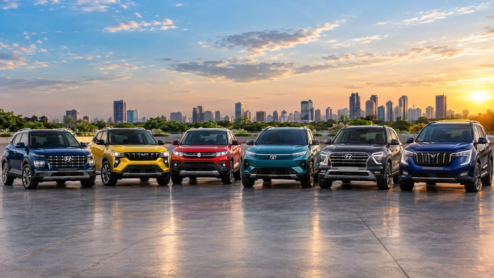 सुनहरे सूर्यास्त के बैकग्राउंड में छह SUV कारों की शानदार लाइनअप, जिसमें Hyundai Venue, Mahindra XUV 3XO, Maruti Suzuki Brezza, Tata Nexon EV, Hyundai Creta और Mahindra XUV700 जैसी गाड़ियाँ आधुनिक शहर की स्काईलाइन के सामने खड़ी हैं।