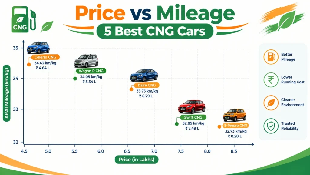 भारत में CNG कारों की कीमत और माइलेज की तुलना — 2026 की सबसे अच्छी वैल्यू वाली CNG कारें