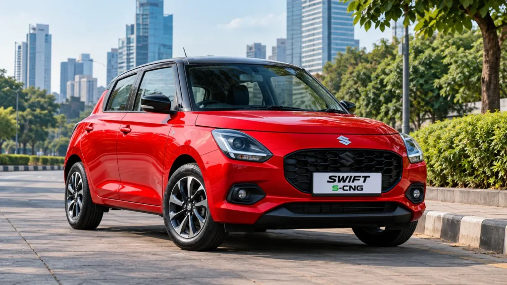 Best CNG Mileage car Red Suzuki car Standing on a city road footpath area in red color