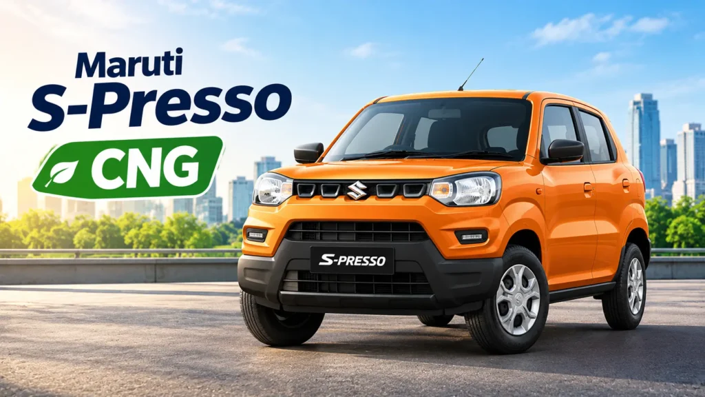 धूप में शहर की साफ सड़क पर खड़ी नारंगी Maruti S-Presso CNG कार का आकर्षक दृश्य, जो Best CNG Cars Under 5 lakhs की सूची के लिए उपयुक्त है।