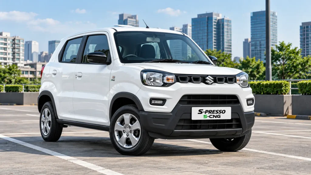 Best CNG mileage cars S-presso parked on a city parking area in white color 