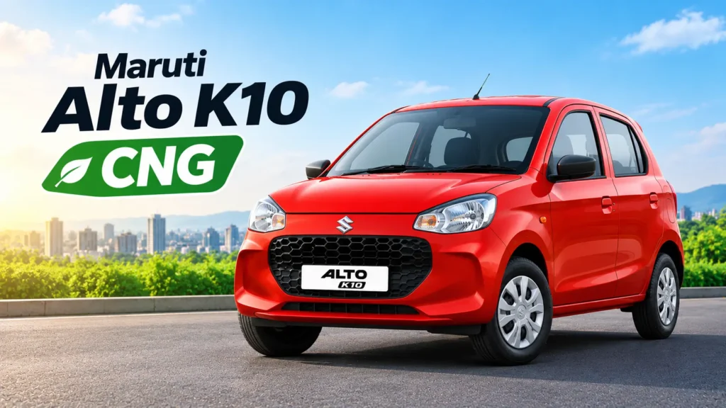 साफ शहर की सड़क पर खड़ी लाल Maruti Alto K10 CNG कार का रियलिस्टिक दृश्य, जो Best CNG Cars Under 5 lakhs में किफायती विकल्प को दर्शाता है।