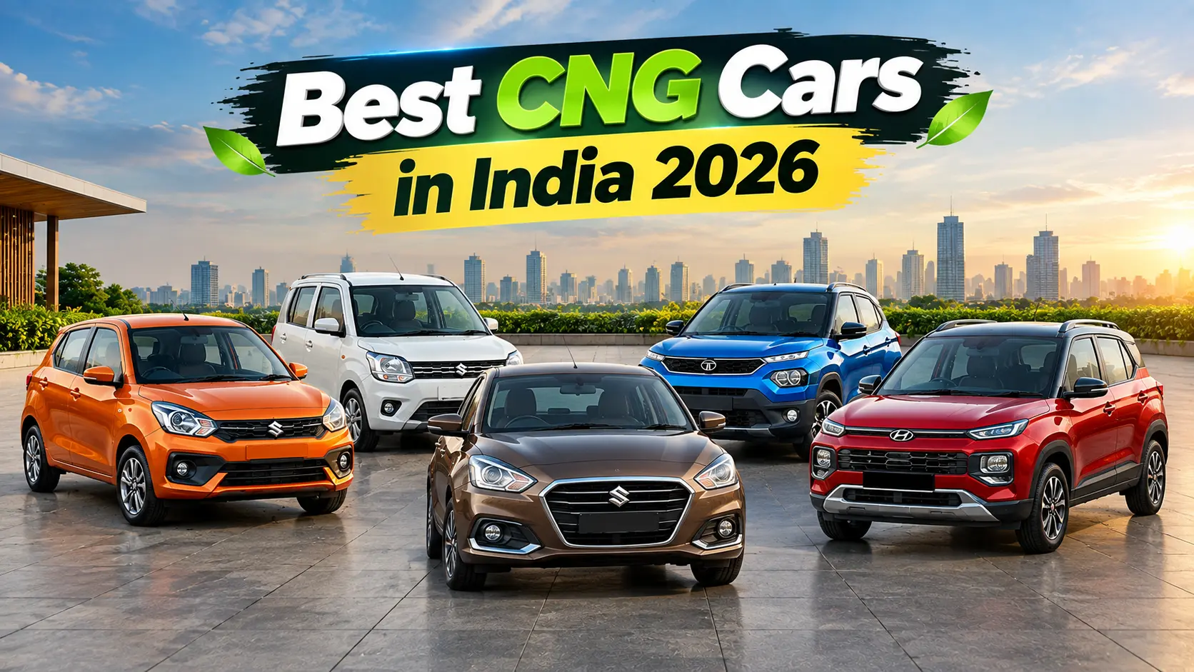 भारत की 2026 की प्रमुख CNG कारों का रियलिस्टिक कोलाज, जिसमें नारंगी Maruti Celerio, सफेद Maruti Wagon R, नीली Tata Punch, लाल Hyundai Exter और भूरी Maruti Dzire एक साथ आधुनिक शहर के खुले स्थान पर खड़ी दिखाई दे रही हैं। ऊपर “Best CNG Cars in India 2026” शीर्षक लिखा है।