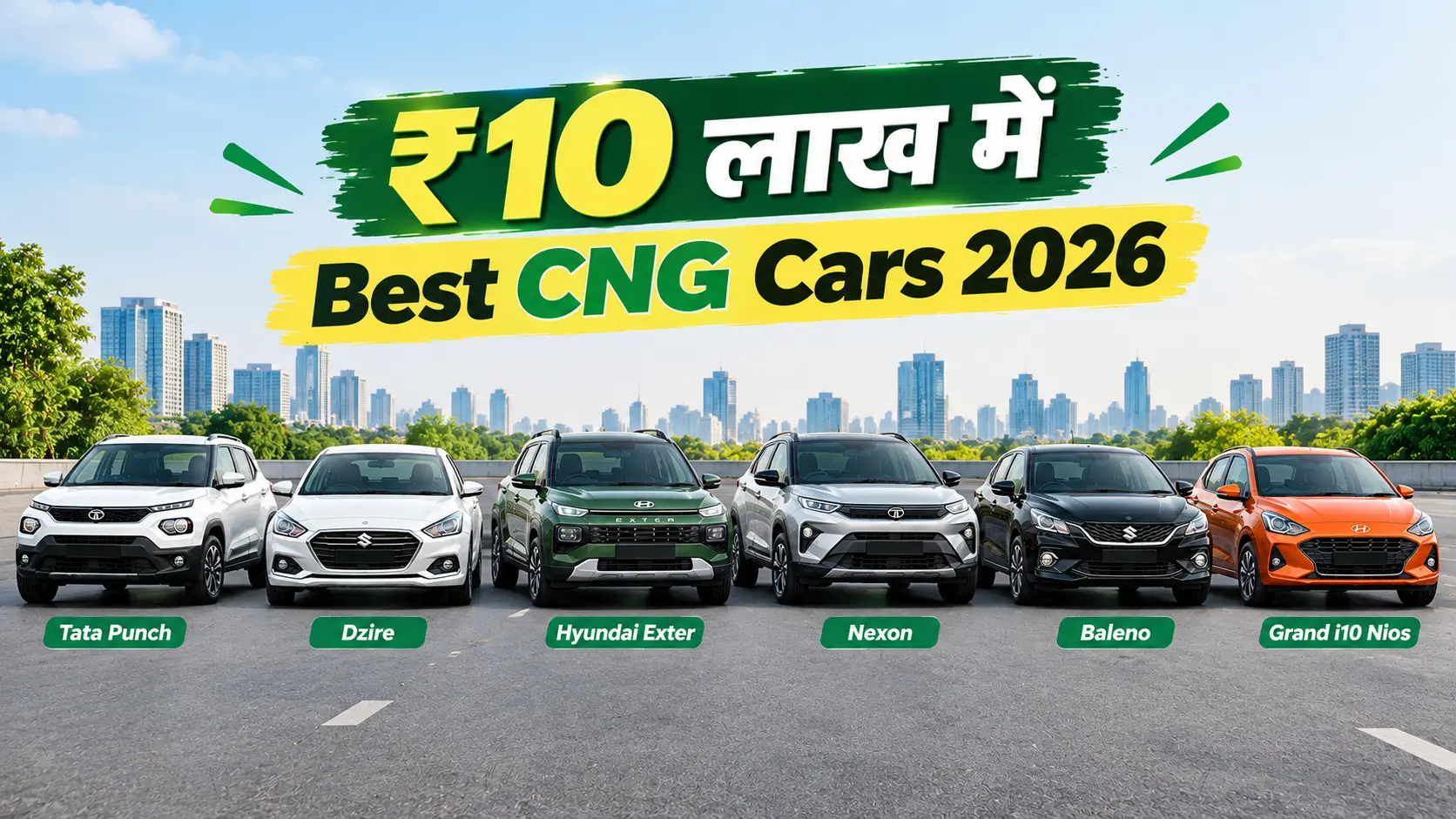 ₹10 लाख में Best CNG Cars 2026” शीर्षक वाला एक आकर्षक ऑटोमोटिव पोस्टर, जिसमें शहर की सड़क पर एक लाइन में Tata Punch, Maruti Dzire, Hyundai Exter, Tata Nexon, Maruti Baleno और Hyundai Grand i10 Nios की छह वास्तविक दिखने वाली CNG कारें खड़ी हैं। पीछे आधुनिक शहर की ऊँची इमारतों और हल्के नीले आसमान का दृश्य है।