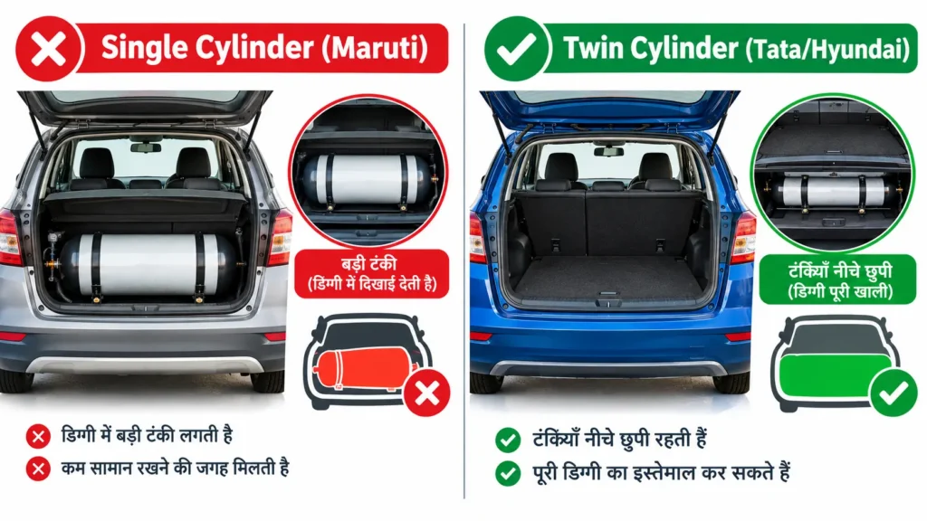 भारत में 2026 की सबसे अच्छी CNG कारें — टॉप 10 कारें और उनकी कीमतें
भारत में CNG ट्विन सिलेंडर बनाम सिंगल सिलेंडर बूट स्पेस की तुलना - टाटा पंच और मारुति सेलेरियो जैसी Best CNG cars in India 2026