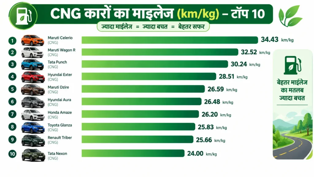 Best CNG cars in india 2026 CNG कारों की माइलेज की तुलना - सेलेरियो, वैगन आर, डिज़ायर, स्विफ्ट, बलेनो, पंच, एक्सटर