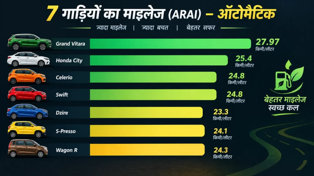 Best mileage Automatic cars in India: 2026 में माइलेज की तुलना - ग्रैंड विटारा, स्विफ्ट, डिज़ायर, सेलेरियो और वैगन आर
taalika