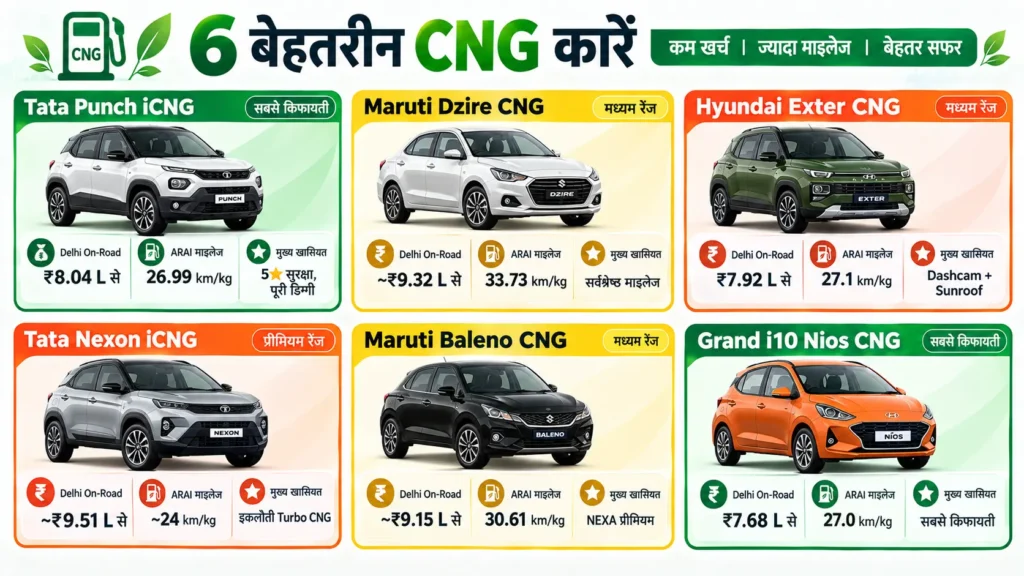 Best CNG cars under 10 lakhs 2026 में तुलना - कीमत, माइलेज, सुरक्षा और दिल्ली में ऑन-रोड कीमत