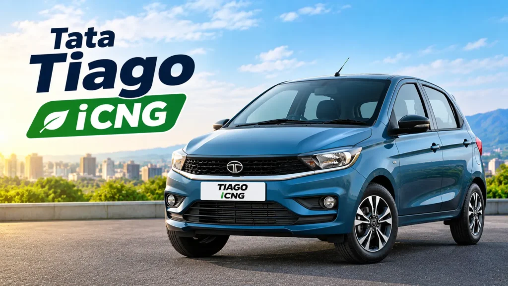 पहाड़ियों और शहर की पृष्ठभूमि वाली साफ सड़क पर खड़ी नीली Tata Tiago iCNG कार का रियलिस्टिक विज्ञापन दृश्य, जो Best CNG Cars Under 5 lakhs के विकल्पों को दर्शाता है।